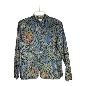 Chico's Women’s Denim Beaded Sequin Paisley Button Loops Mandarin Collar Jacket